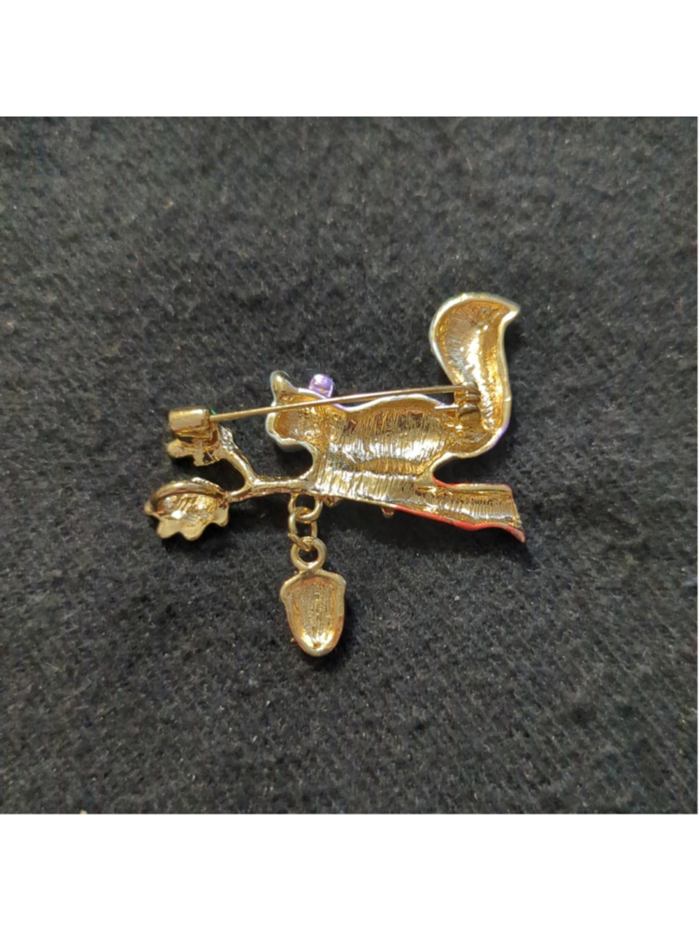 Gold Tone Purple Squirrel on Branch with Acorn Dangle Statement Brooch Pin - Picture 3 of 4